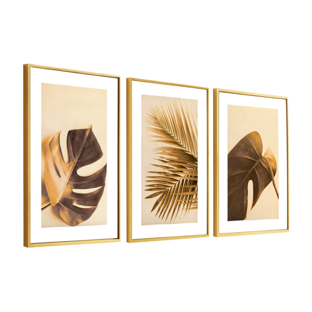 Quadros Decorativos Com Vidro Moldura Folhagem Amarela 60x90 Grande Para Sala Quarto Escritório
