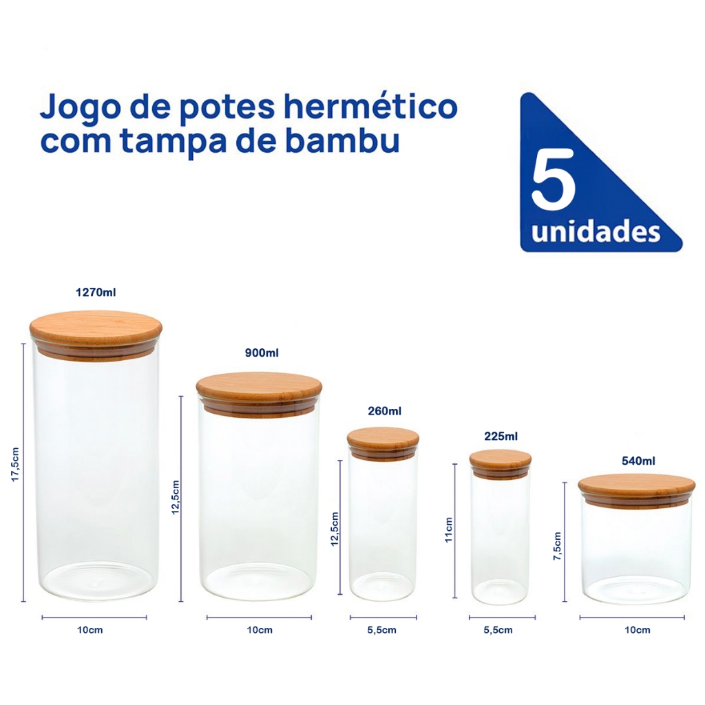 Kit 5 Potes Herméticos Redondo Tampa Bambu Mei - Mimo Style