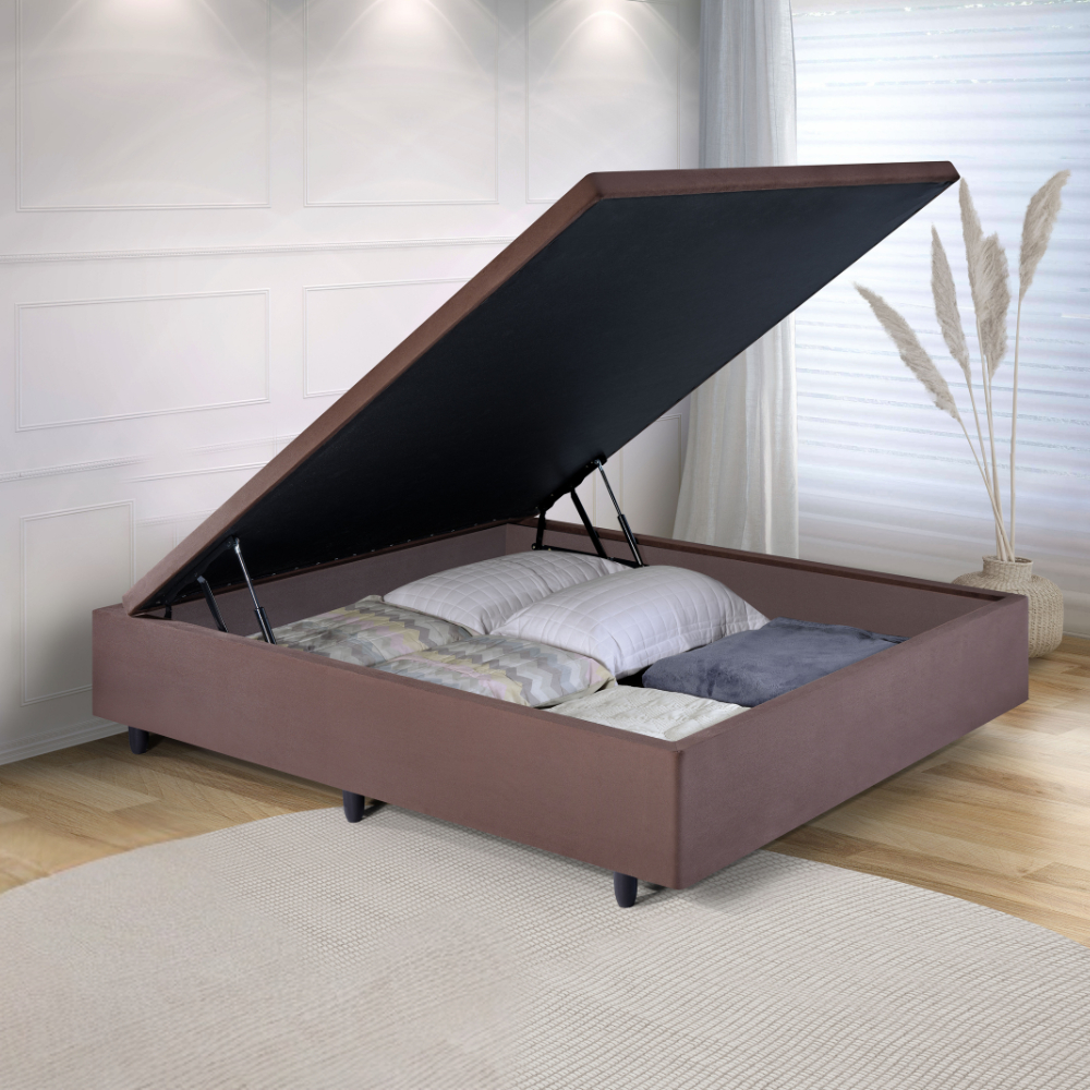 Base Box Baú Casal Suede Marrom 138x188x42 cm