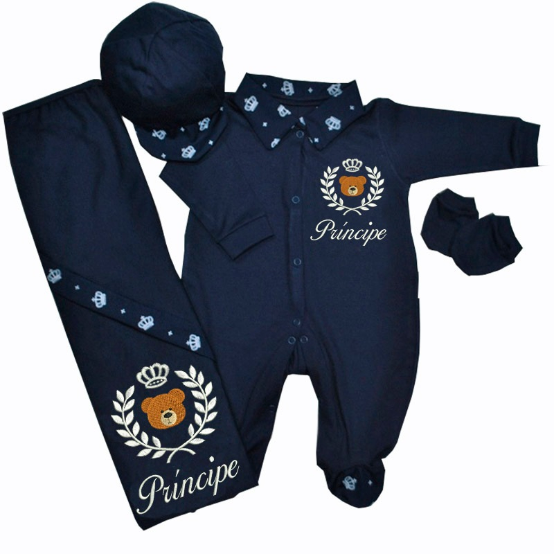 Saída Maternidade Bebê Menino Urso Príncipe 04 Peças 100% Algodão em Oferta na Shopee