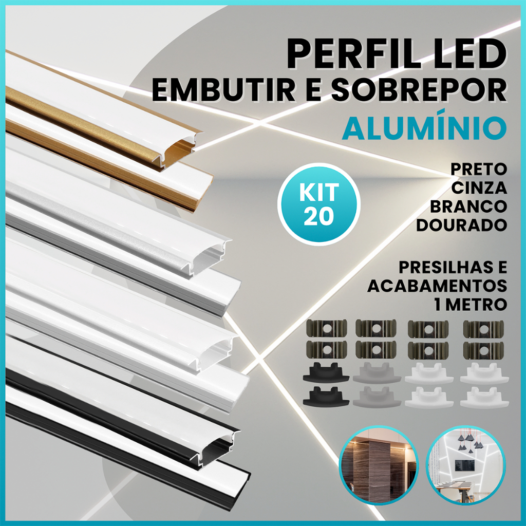 Kit 20 metros Perfil Slim Para Fita Led Alumínio Sobrepor e Embutir Preto Cinza Branco Dourado em Oferta na Shopee