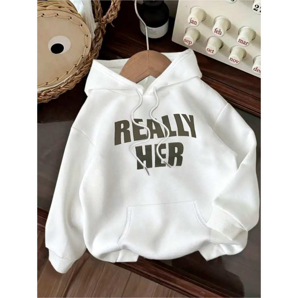 Moletom com Capuz Unisex com Estampa de Letras - Gráfico "Realmente Ela", Moletom Casual com Cordão para Outono e Invern