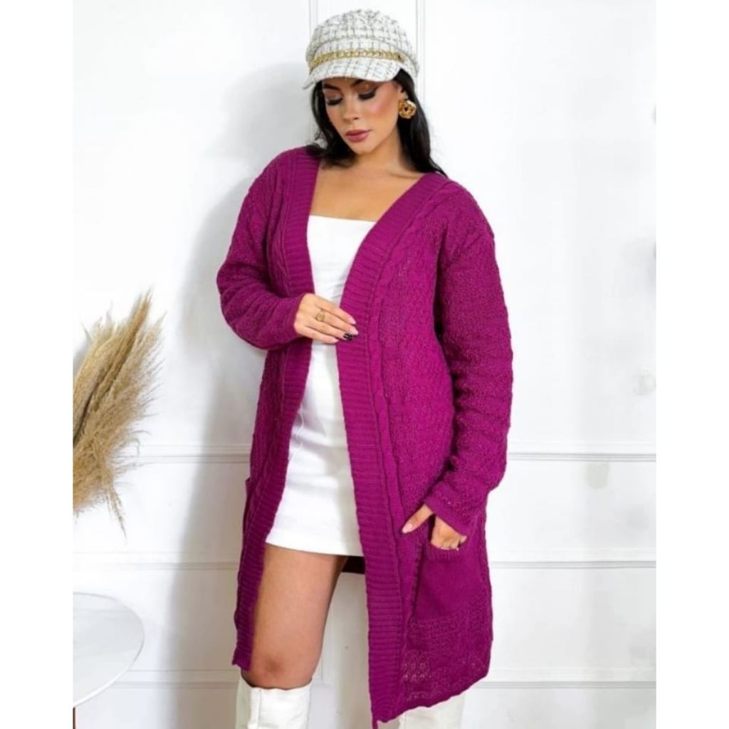 Cardigan Trico Feminino Casaco Manga Longa com Bolso Blusa Frio Sobretudo Aberto Moda Inverno Tricot