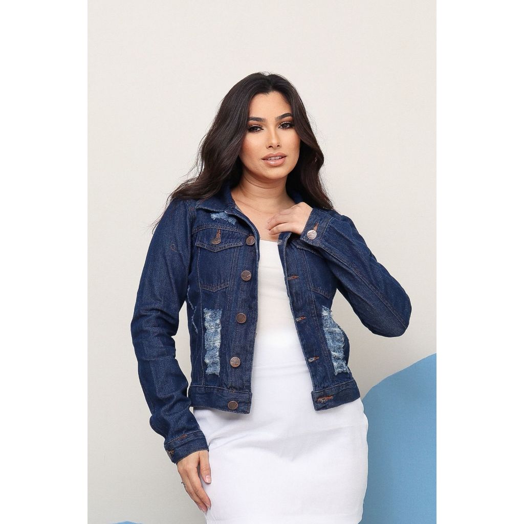 Jaqueta Jeans Feminina Azul Escuro Destroyed Com Botões e Bolsos Tamanhos P M G GG