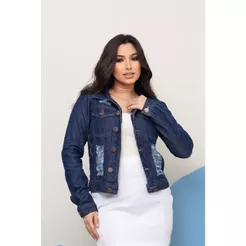 Jaqueta Jeans Feminina Azul Escuro Destroyed Com Botões e Bolsos Tamanhos P M G GG