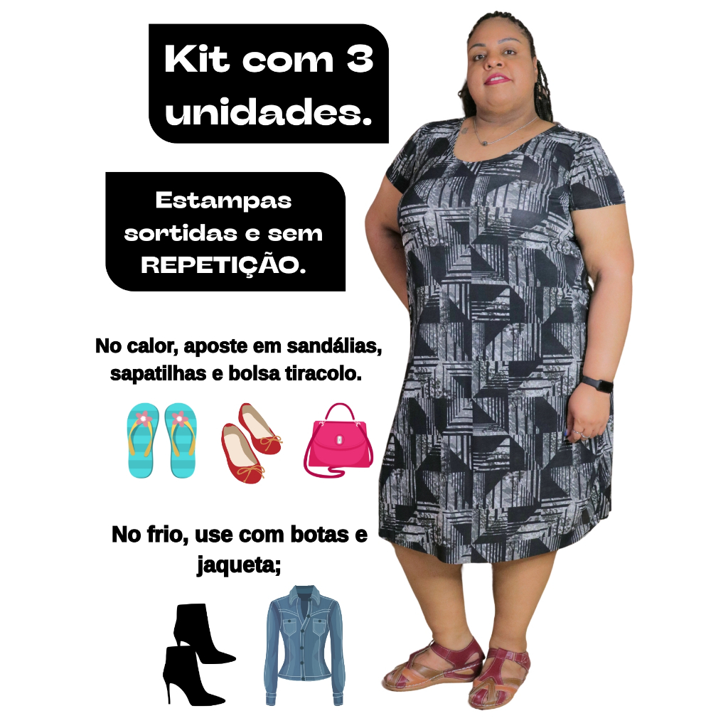 Kit 3 Vestidos Feminino Plus Size Dia a Dia Trabalho Malha Fria Liganet Estampas Sortidas