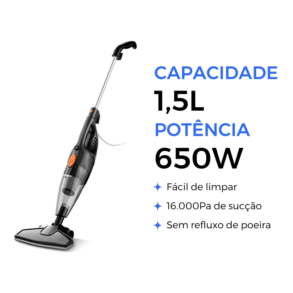 Aspirador de Pó Vertical Gaabor 2 em 1 Doméstico Leve Preto 16.000Pa Sucção Forte 127v/220V