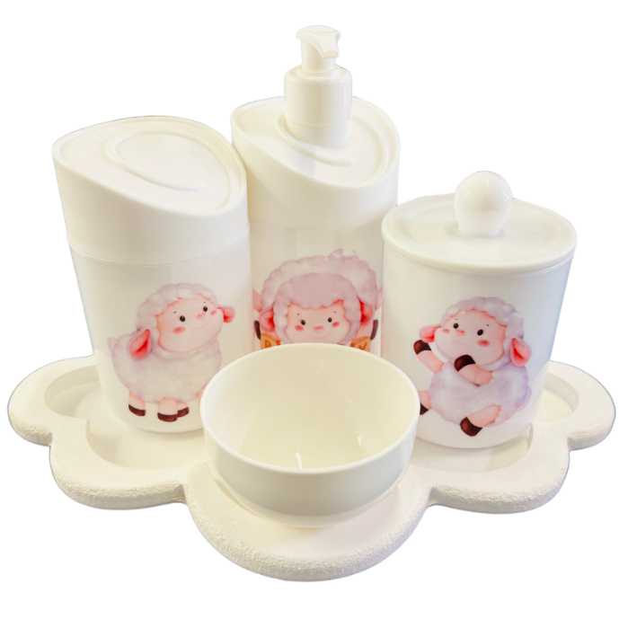 Kit Higiene Baby Ovelhinha Menina c/bandeja MDF - 5 peças em Oferta na Shopee