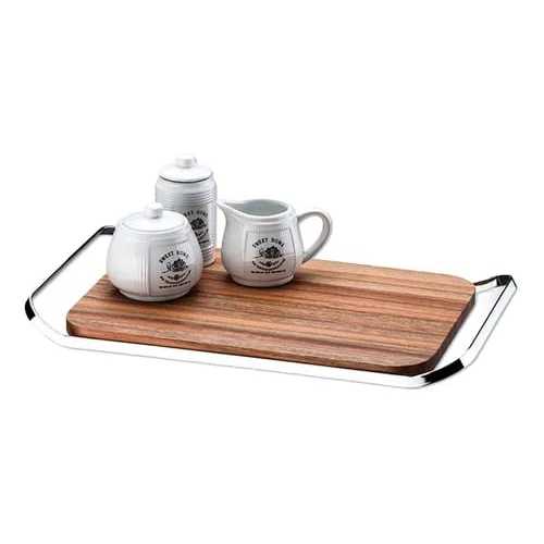 Bandeja Servir Café Manhã Decorativa Madeira Aço Luxo Future - Home & Living