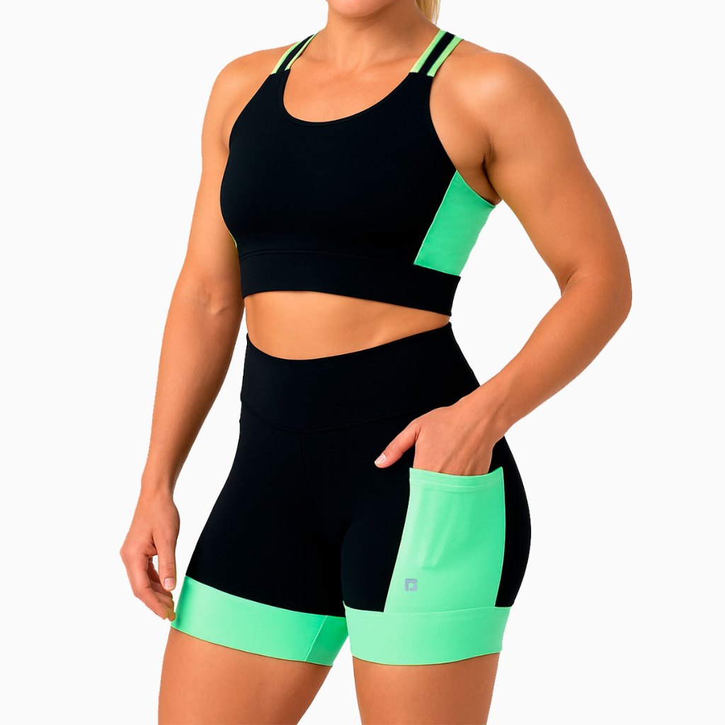 Conjunto Fitness Feminino Para Academia e Corrida Top e Shorts Compressão Com Bolsos