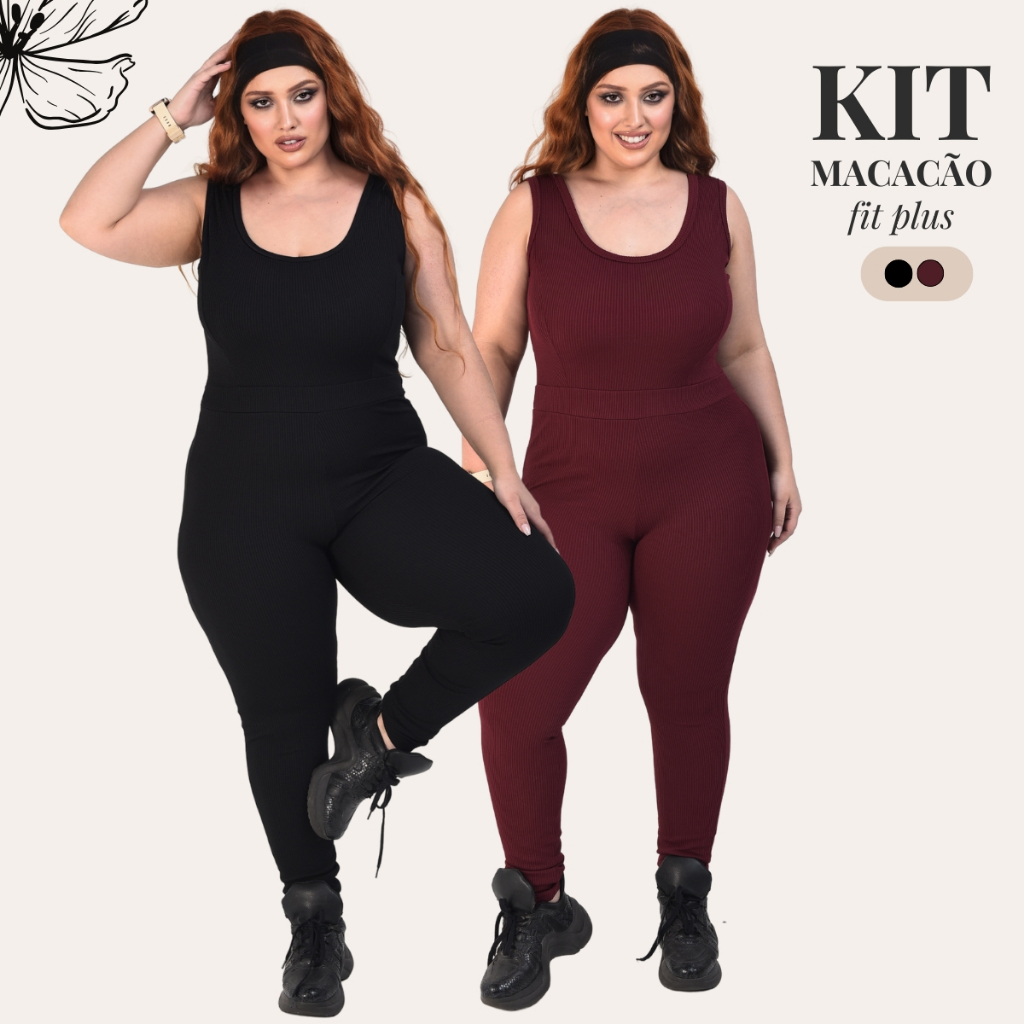 Kit 2 Macacão Feminino Plus Size Longo Gola Redonda Regata Canelado Modelador Elegante G1 ao G3