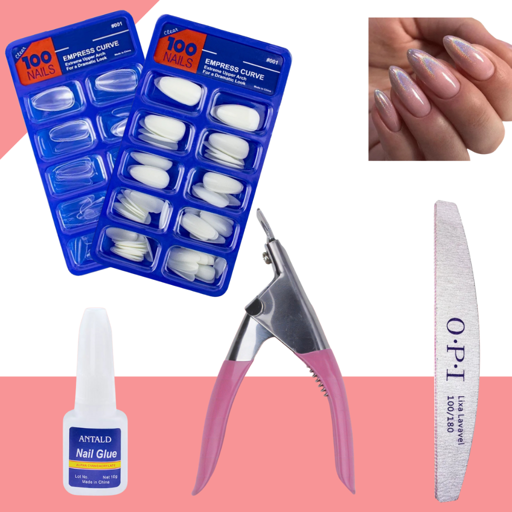 UNHA POSTIÇA AMENDOADA REALISTA - Leitosa ou Transparente + Cola c/ Pincel + Cortador de Tips + Lixa