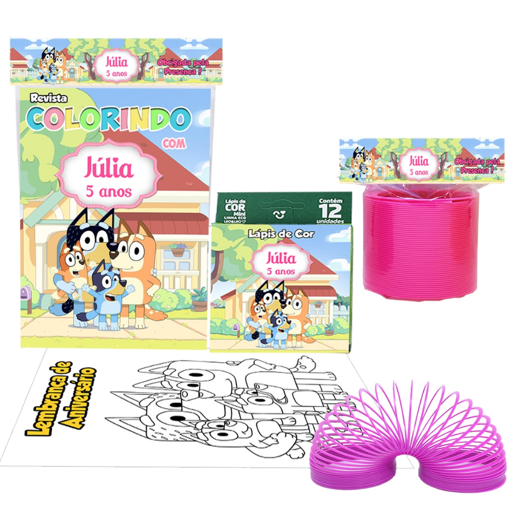 10 Kits Livrinho de Colorir Pintar + Lápis de Cor 12 Cores + Mola Maluca Bluey e Bingo Personalizado