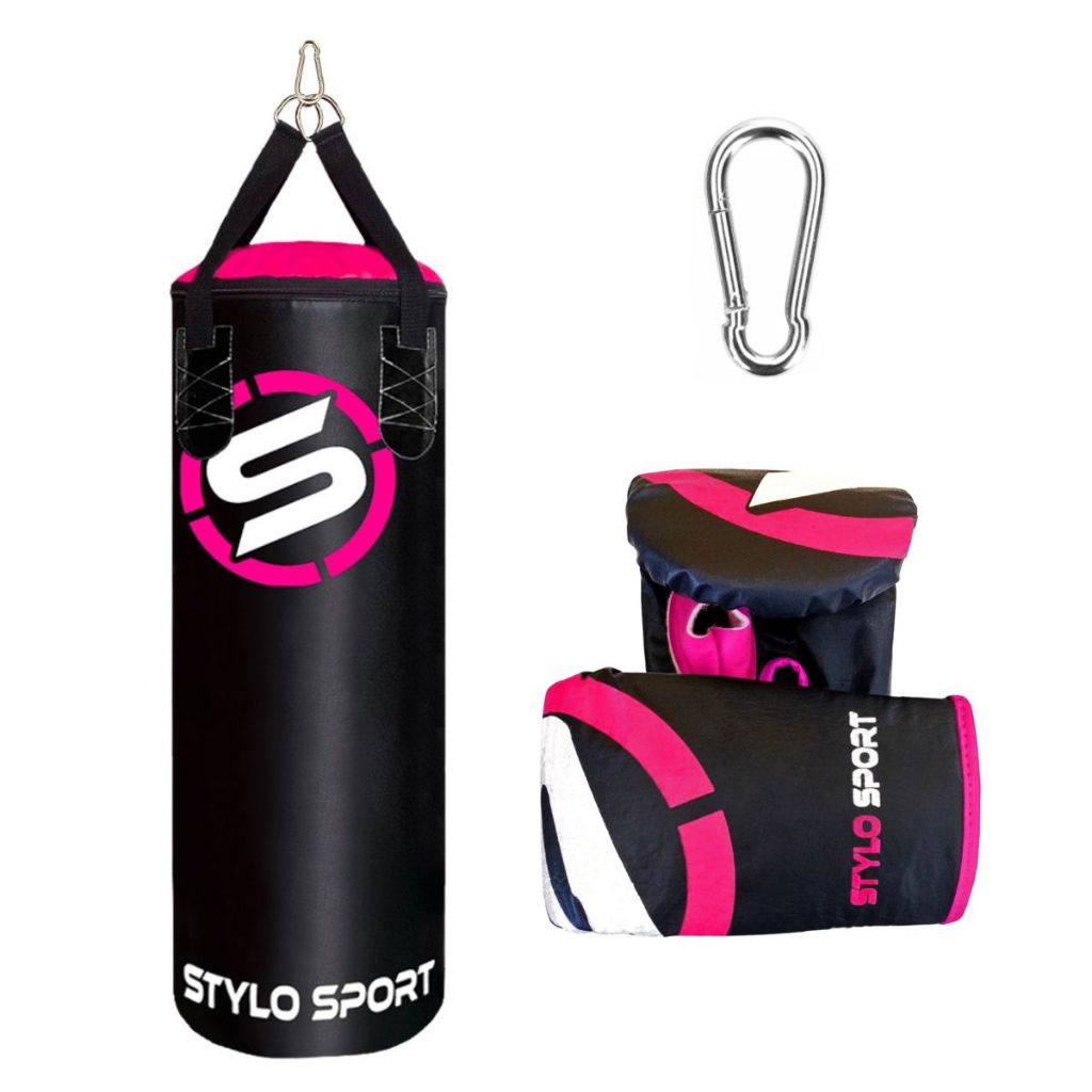 Saco De Boxe Pancada 90x100 Stylo Sport  + 1 Par Luva Preto Com Rosa
