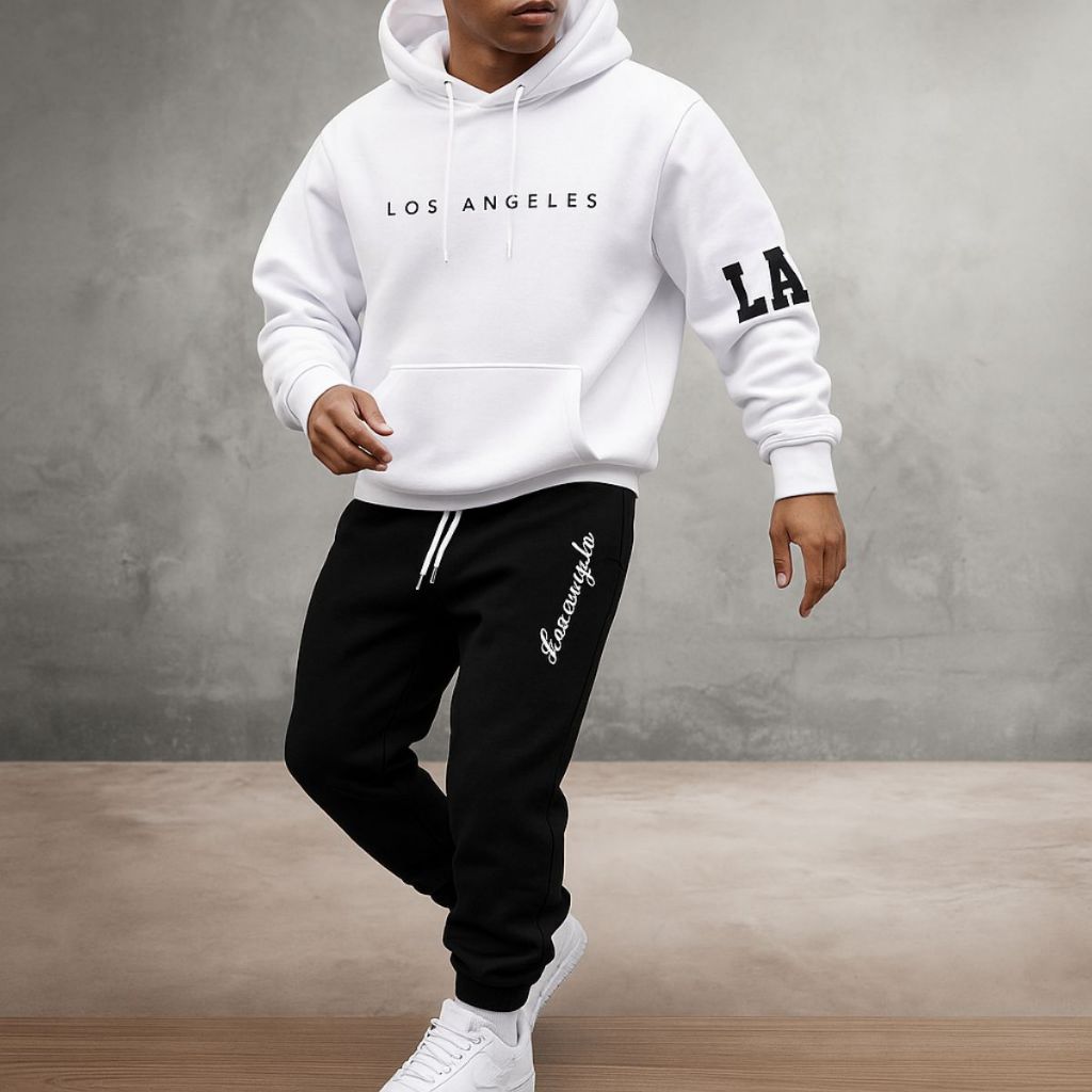 Conjunto Estiloso Moletom Canguru + Calça Jogger Masculino Los Angeles Algodão Alta Qualidade