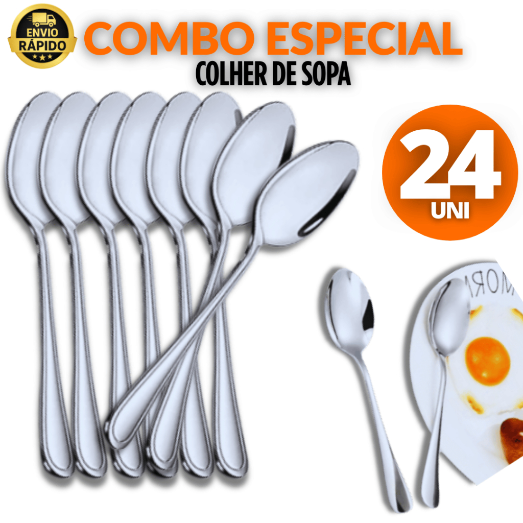 KIT 24 Colheres Multiuso Colher de Sopa Mesa Inox Grande  Talher Jogo Variáveis Utilidades Premium
