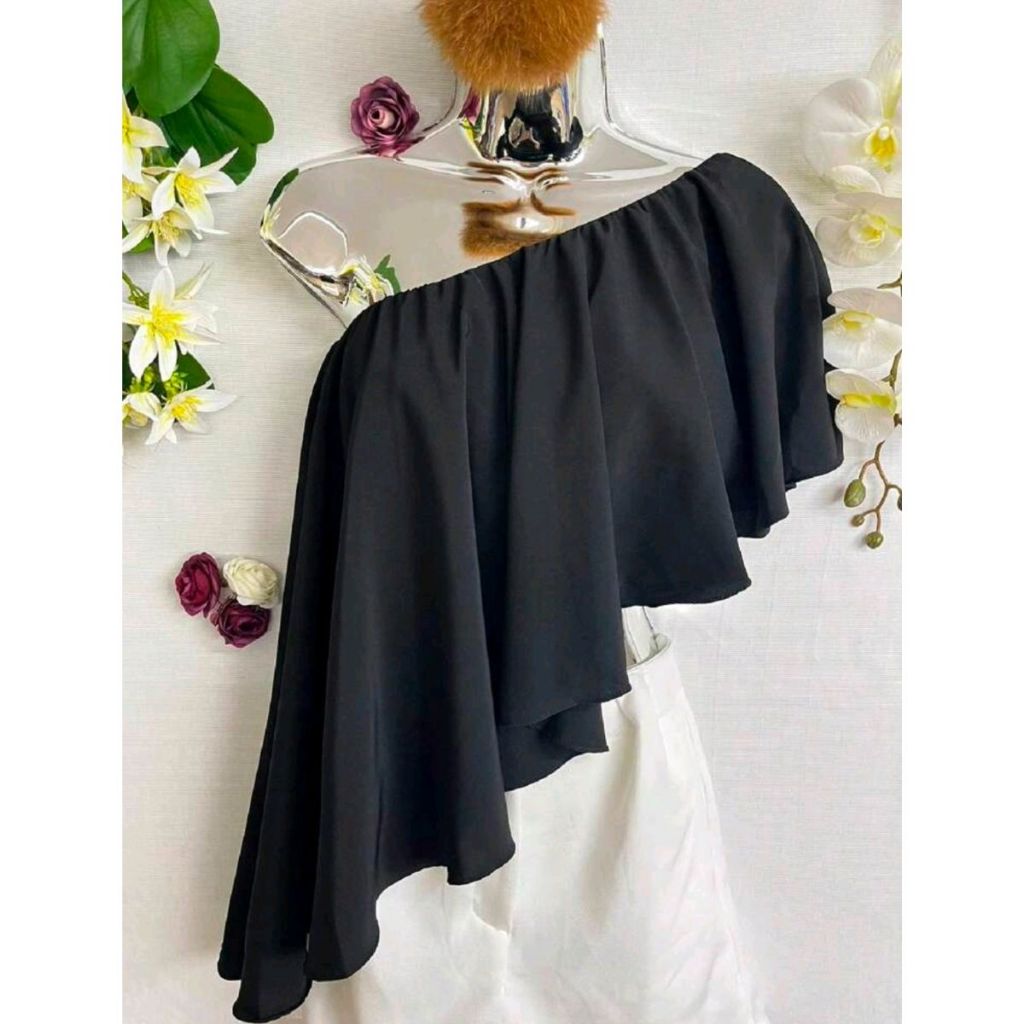 Camisa Sem Gola e Assimétrica Sólida Com Babado Forrado em Oferta na Shopee