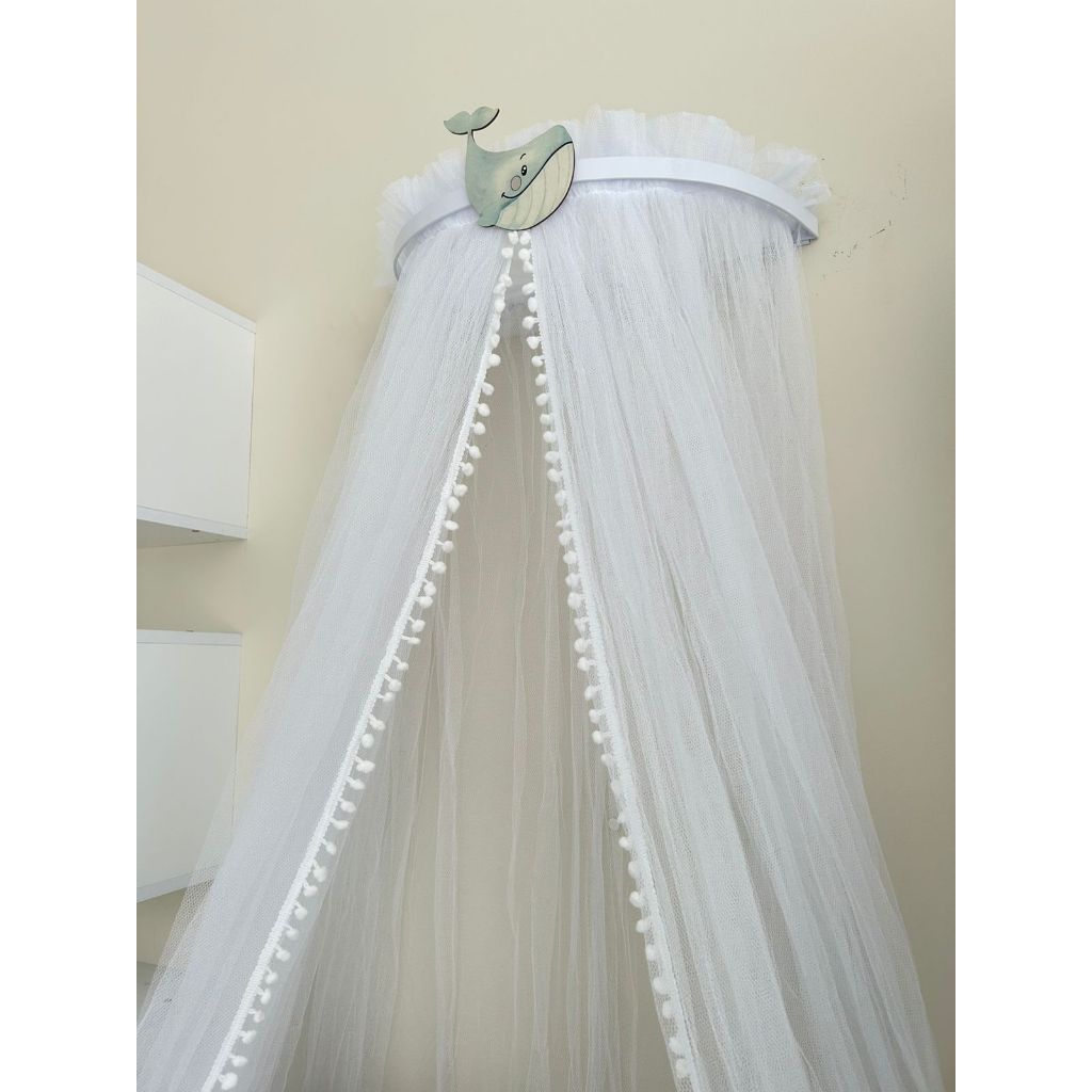 Dossel Baleia Fundo do Mar e Mosquiteiro Tule Pompom