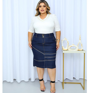Saia Jeans Vilma Midi Plus Size – Cintura Alta com Elastano e Caimento Perfeito | Tamanhos 44 ao 54