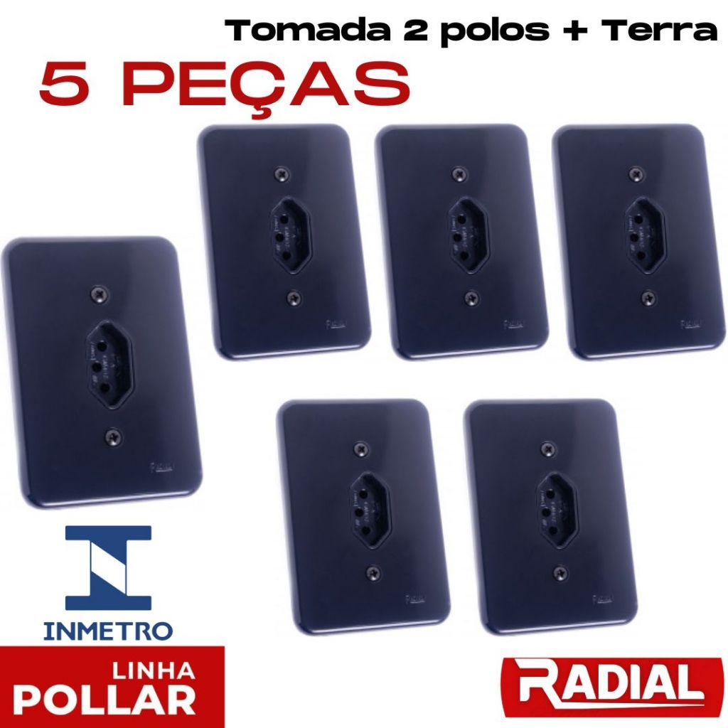 Kit 5 Tomadas únicas Preta Pollar 10A 20A Completa Bivolt