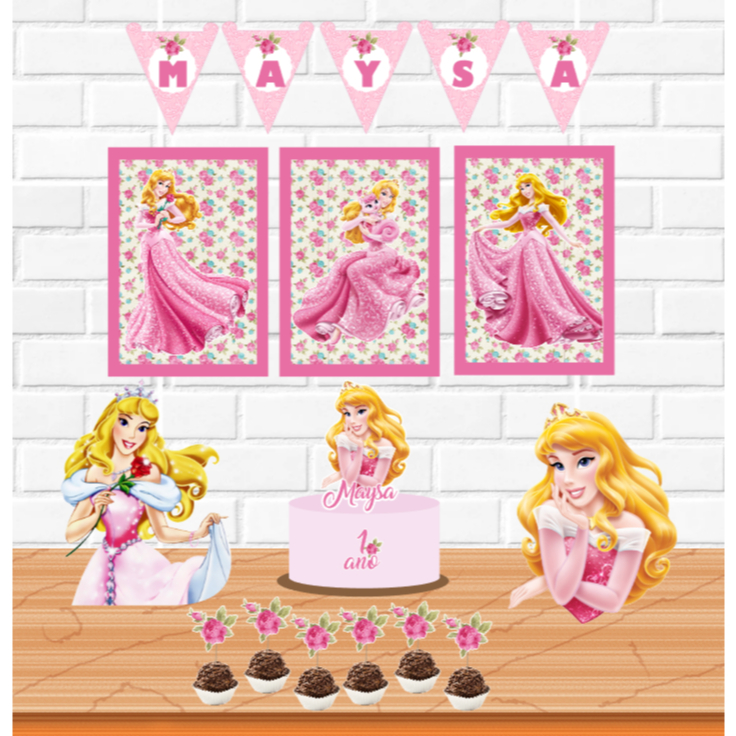 Kit festa Bela Adormecida, Decoração só um bolinho mimo personalizado para aniversário e mesversário Princesa Aurora.