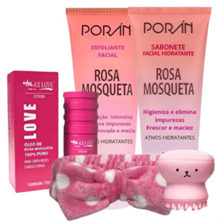 Kit Rosa Mosqueta Skin Care Limpeza Facial Sabonete + Esfoliante + Oleo Completo com Faixa e Polvo em Oferta na Shopee