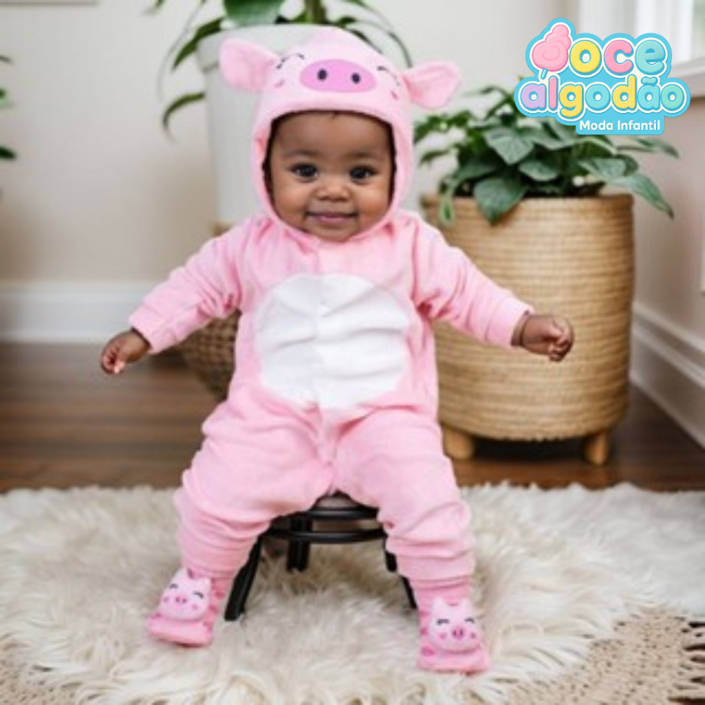 Conjunto Macacão Menina Temático Porquinha Plush Capuz E Pantufa 3D Infantil