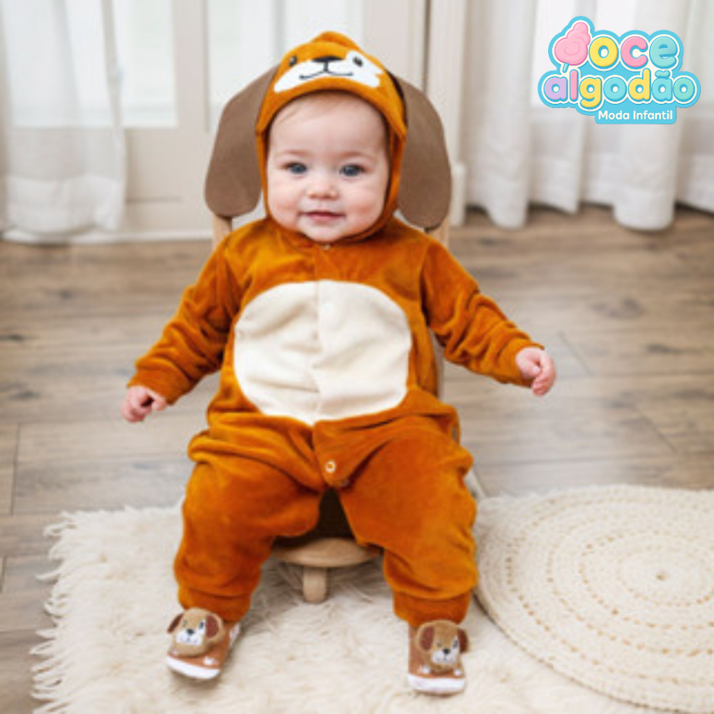 Conjunto De Macacão Menino Cãozinho Caramelo Com Capuz E Pantufa 3D Infantil