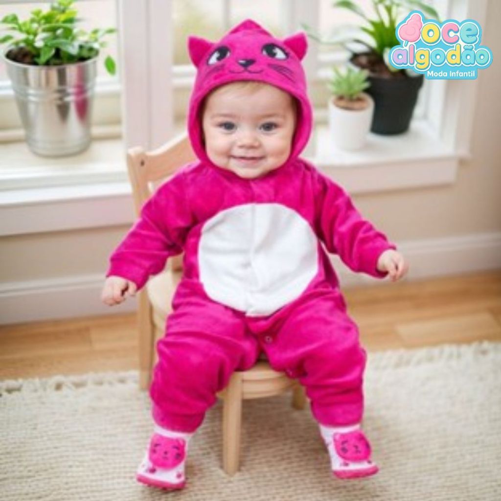 Conjunto De Macacão Temático Menina Gatinha Em Plush Com Pantufas 3D Infantil