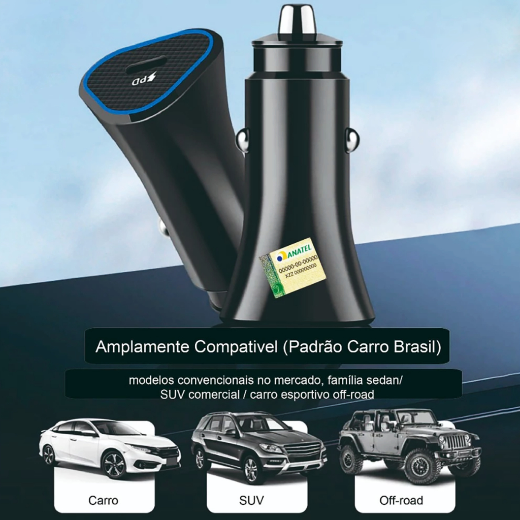 Carregador Veicular Turbo 20W USB-C Lehmox Rápido Celular iPhone Android Carro Original - detalhe