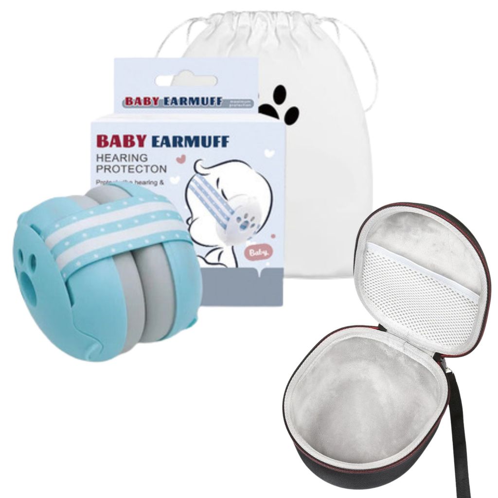 Protetor Abafador de Ruído para Bebês Neném Azul Faixa Ajustável + CASE Aveludado Protetor Auricular Concha Silêncio