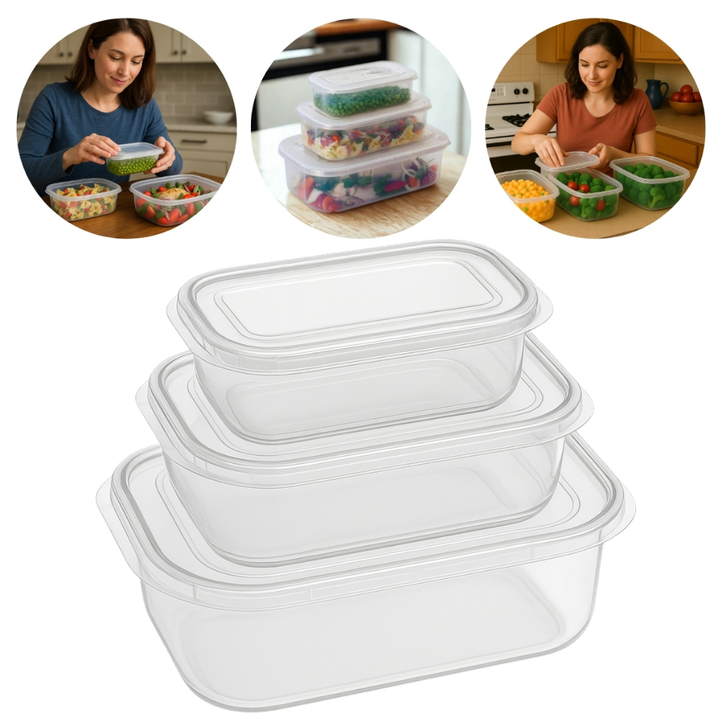 Conjunto 3 Potes de Plástico com Tampa Retangular Transparente Organização de Mantimentos