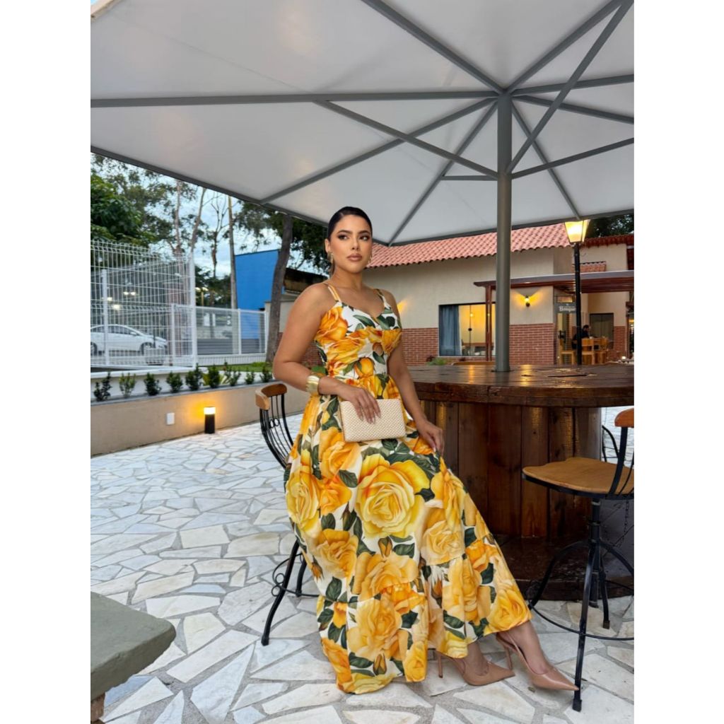 Vestido longo luna floral festa shopping praia trabalho vermelho azul amarelo