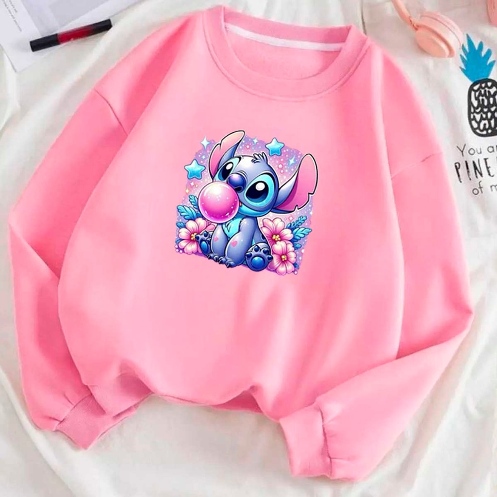 Moletom Gola Redonda Careca Suéter 100% Algodão Unissex Lilo Stitch Bola De Chiclete Fofinho