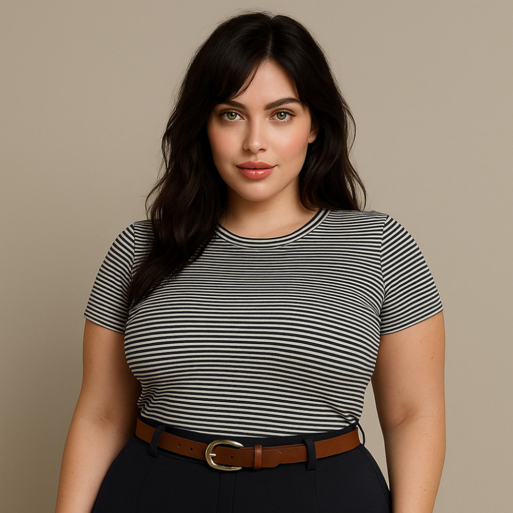 Blusa Plus Size T-Shirt babylook  Listrada com casual Listras Básicas Moda Feminina em Oferta na Shopee