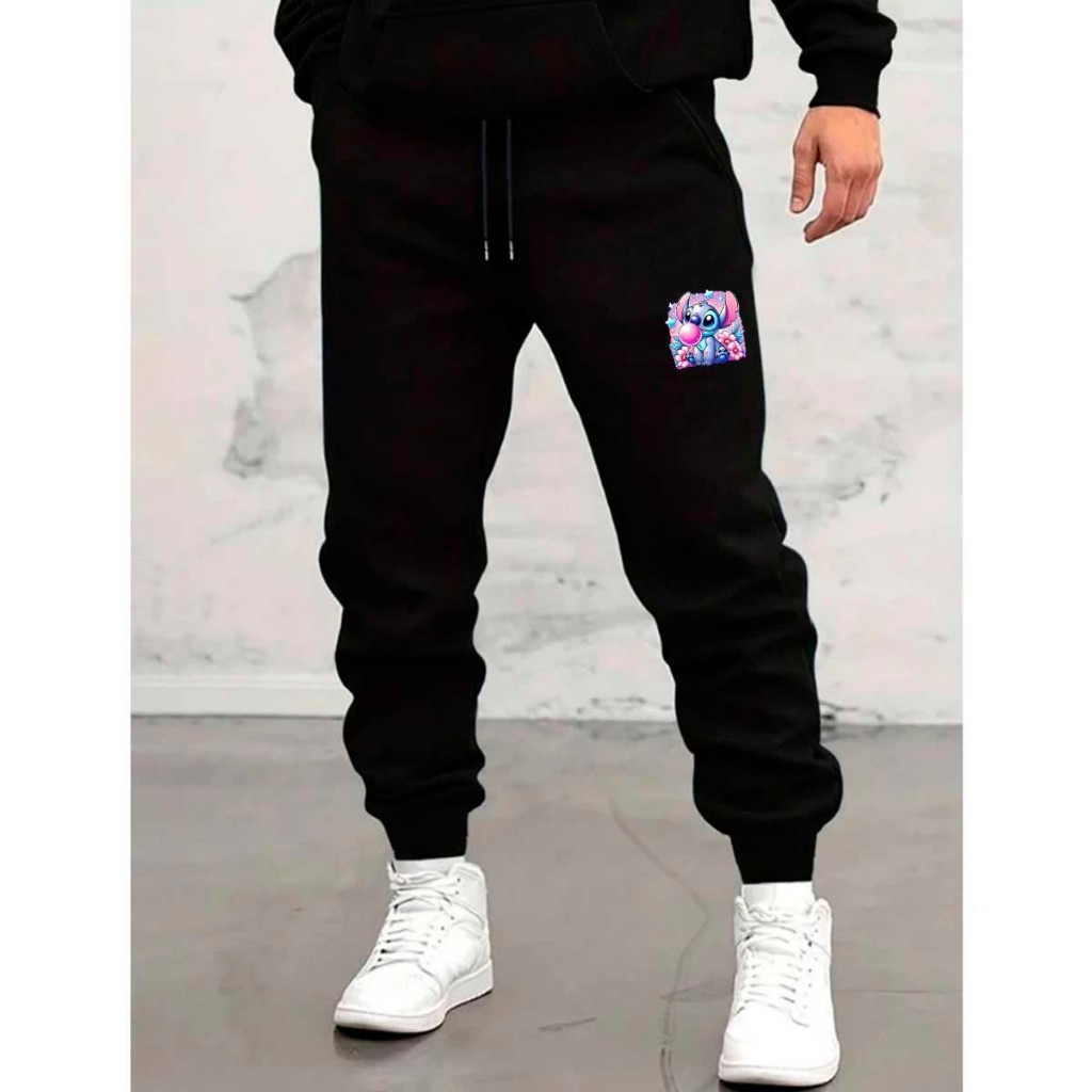 Calça De Moletom Flanelada Com Bolsos Inverno Adulto Algodão Lilo Stitch Bola De Chiclete Fofinho