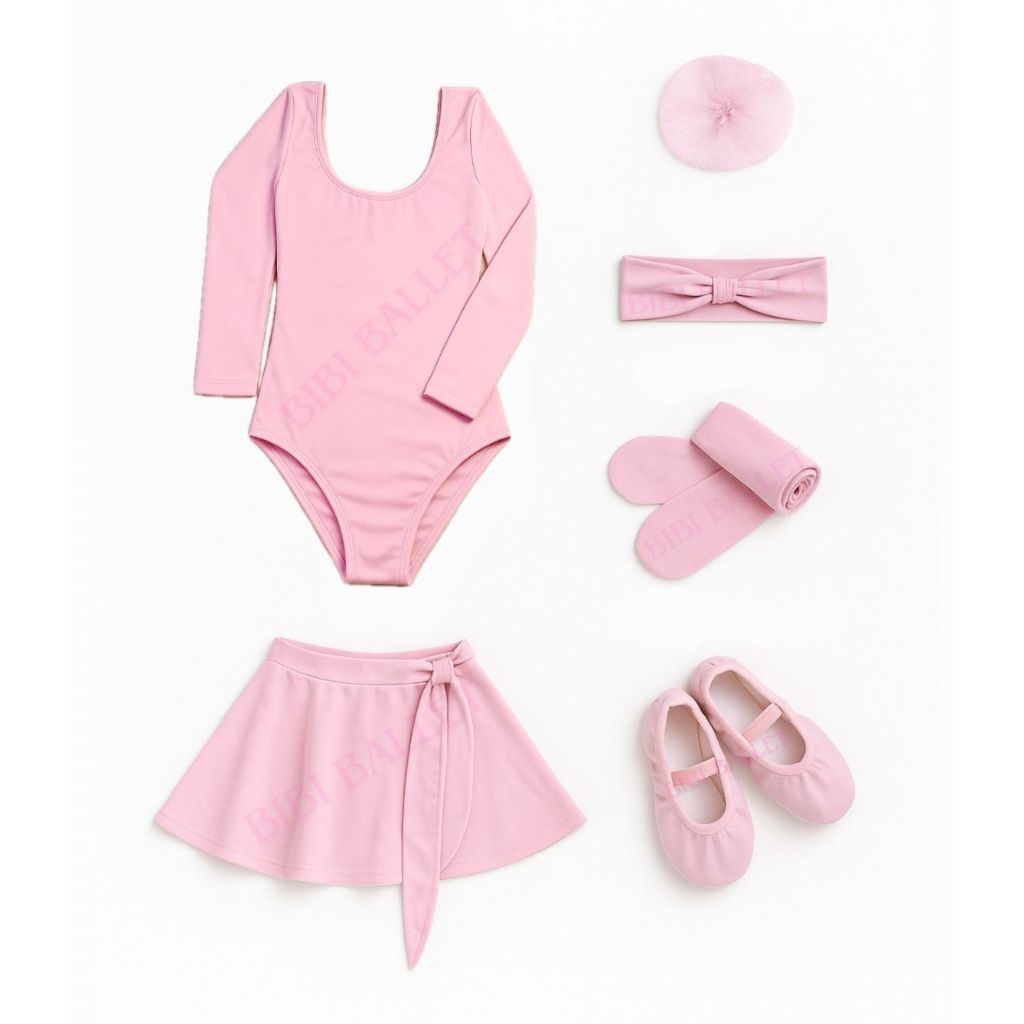 Kit Infantil e Juvenil ROSA - 6 itens/ uniforme para dança completo - (Saia Transpassada e Collant MANGA LONGA) - ROSA