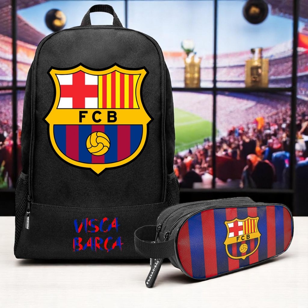 Kit Estojo + Mochila Masculina Nylon Escolar Trabalho Estampada Resistente Time Barcelona em Oferta na Shopee