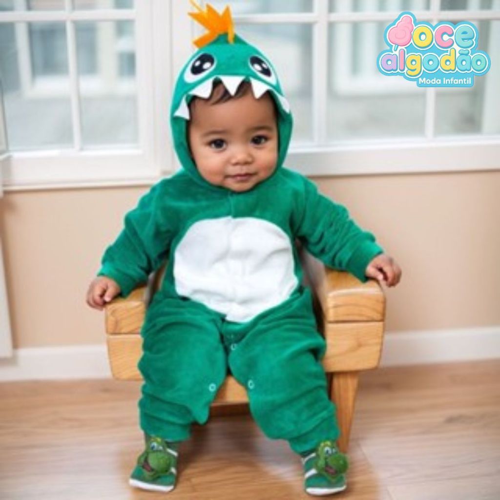 Conjunto Dino Macacão Menino Plush Com Capuz Bordado E Pantufa 3d Infantil