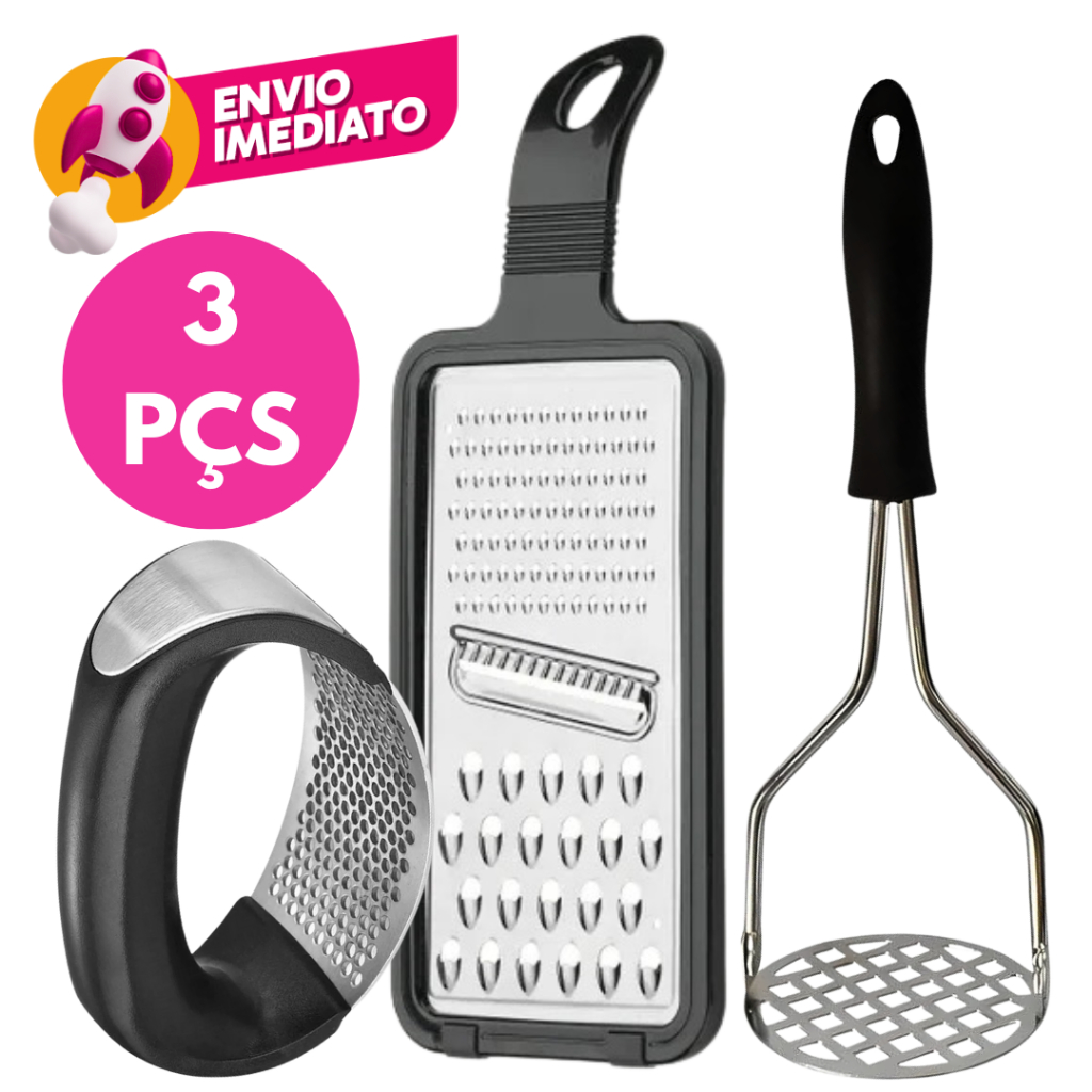 Kit Amassador Batatas Espremedor Alho Ralador Jogo 3 Faca Descascador Legumes Peneira Tabua Corte em Oferta na Shopee