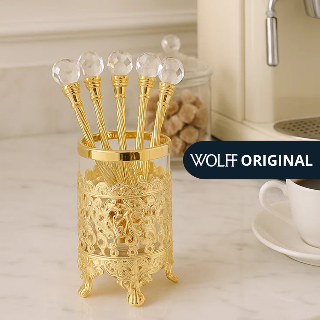 Cj 6 Colheres Luxo com Suporte de Zamac Dourado 14cm - Wolff Original