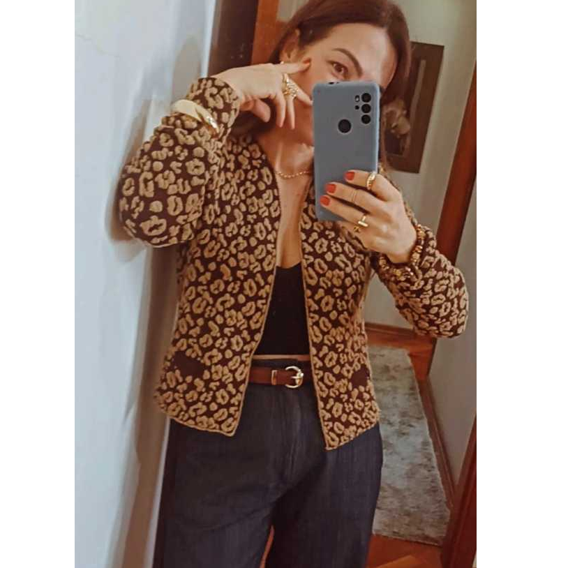 Casaco Tricot Feminino Oncinha Animal Print Outono Inverno Marry Tricot