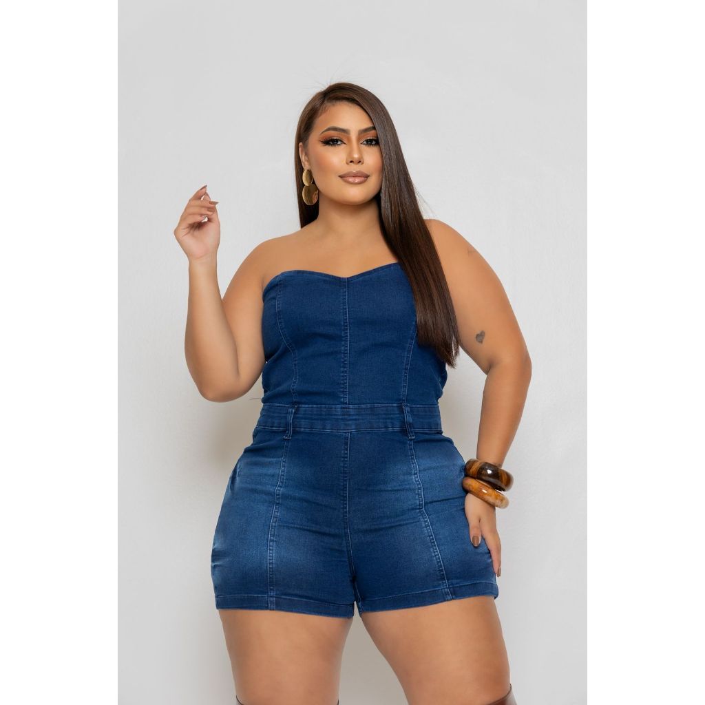 Macacão Plus Size Feminino Jeans com Elastano Macaquinho Verão Shorts Curto Tomara Que Caia Moda Feminina