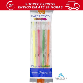 Kit Marca Texto Fluorescente BRW com 4 Cores – Amarelo, Laranja, Verde e Rosa – Corpo Transparente em Oferta na Shopee