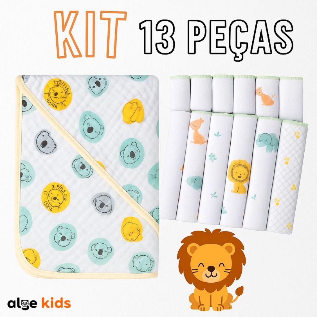 Kit Enxoval Bebê 13 Peças: 1 Toalha de Banho com Capuz + 12 Paninhos de Boca Algodão Macio Menino Menina Toalha de Bebê