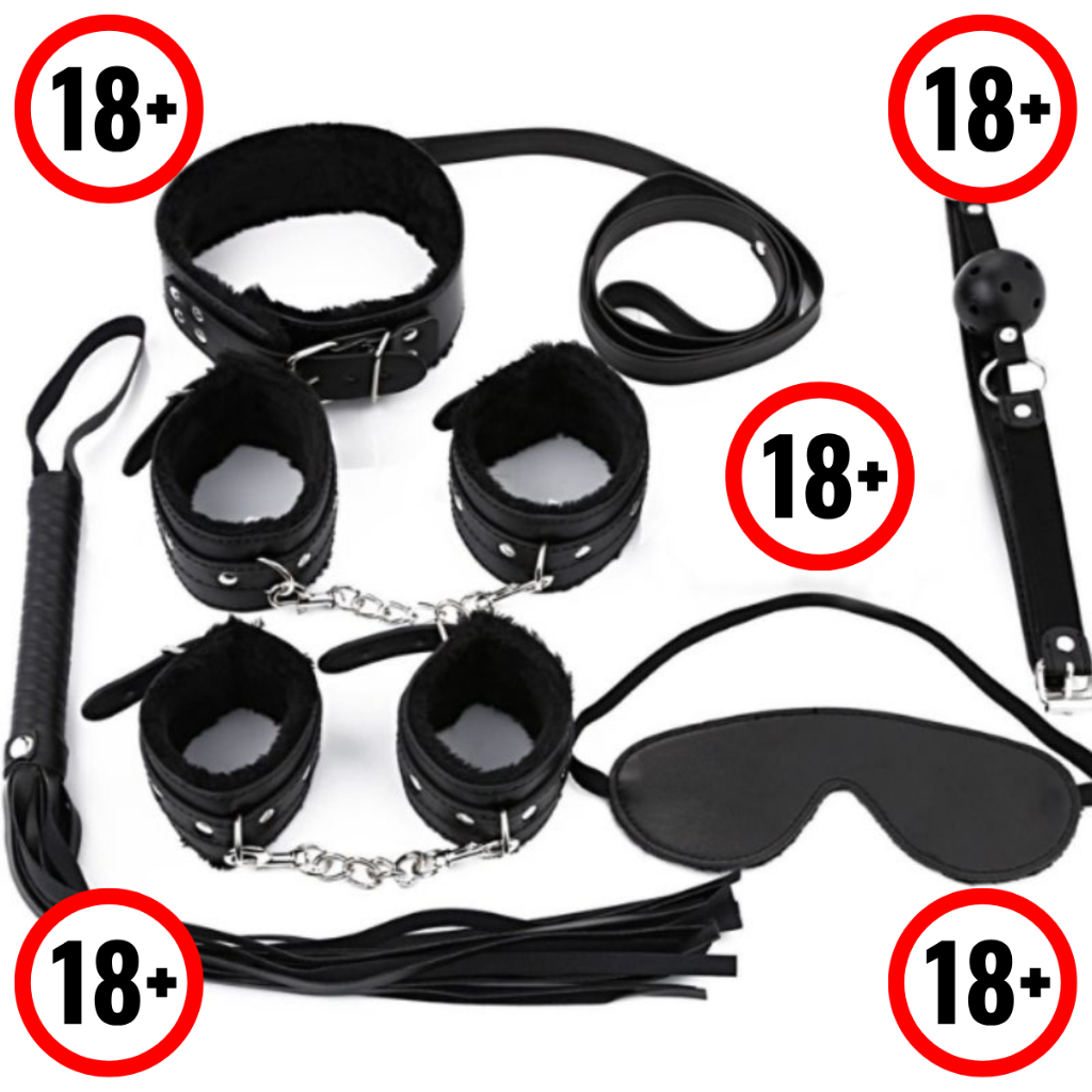 Kit BDSM 7 Peças Couro Bondage Fetiche Dominação Submissão Sado Mordaça Algema Chicote Coleira Gag Ball Preto