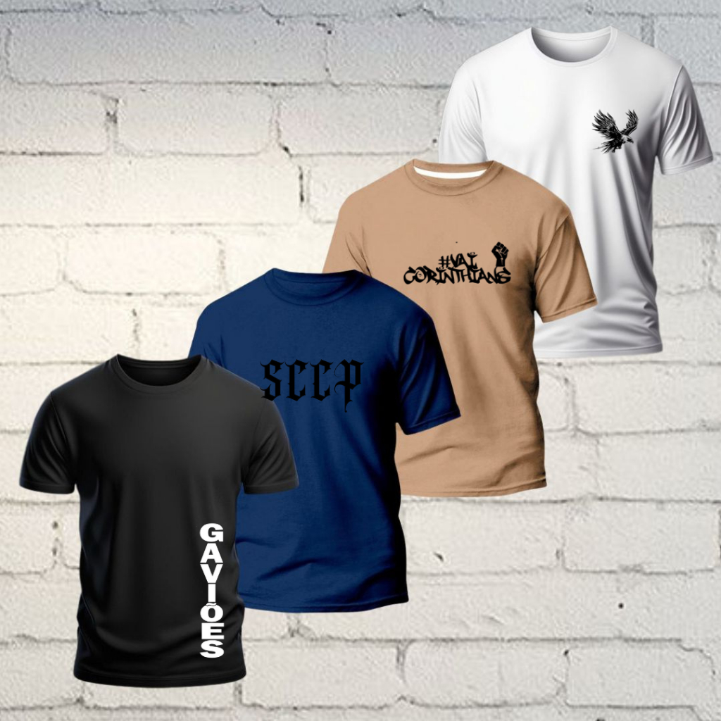 Kit 4 Camisetas Masculina Camisa Torcedor Time de Futebol 100% Algodao Timão Gavioes da Fiel