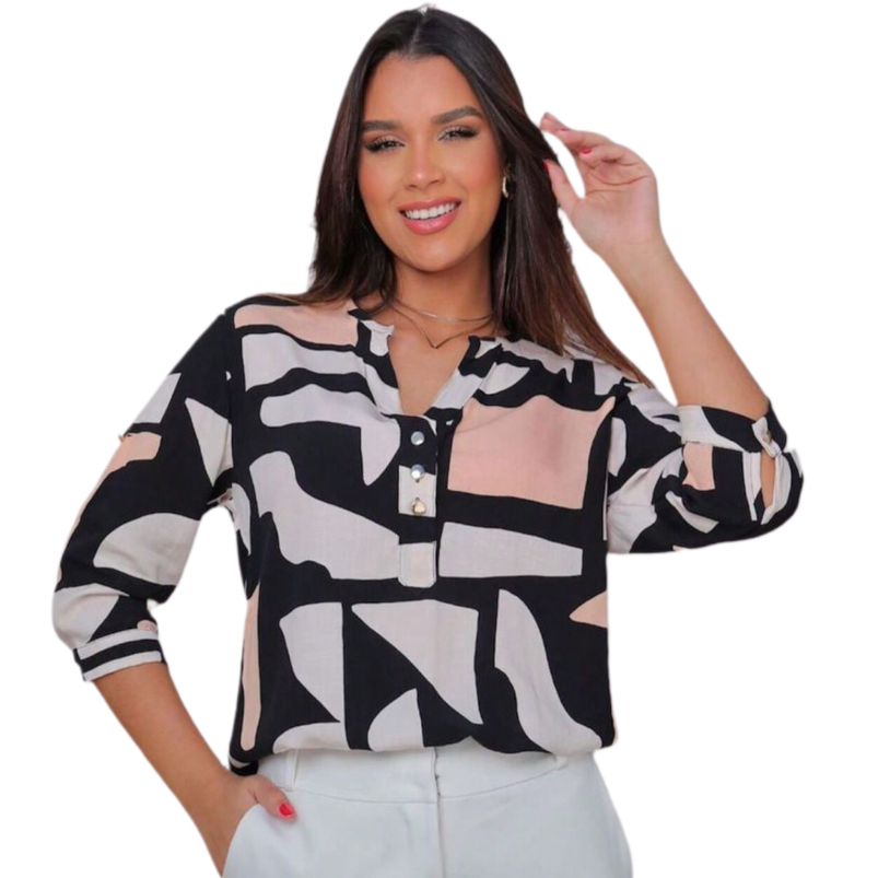 Camisa Social Feminina manga 3/4 Estampada