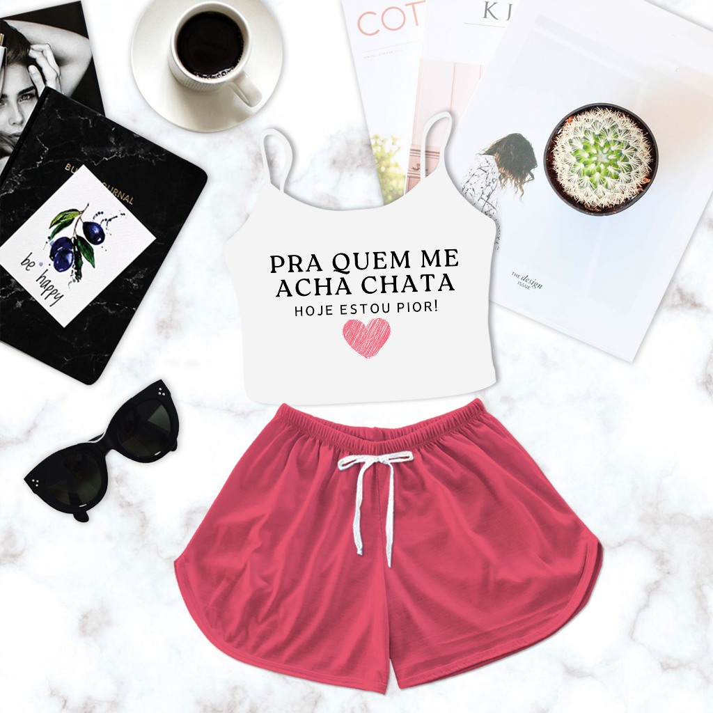 Cropped Baby Doll Branco Chata Feminino Shorts Sortido Colorido Aleatório