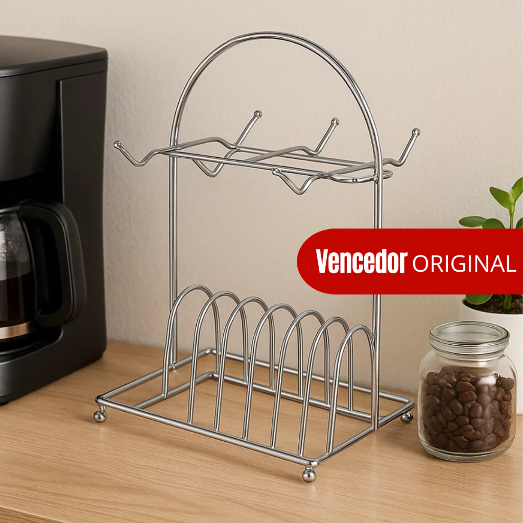 Suporte P/ Xícaras e Pires em Aço Inox Prata 29x20cm - Vencedor